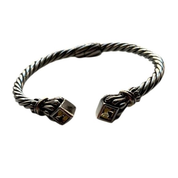 Sterling Silver & 14K Gold Citrine Semi Caps Hinged Cable Cuff Bracelet Flaws - Picture 1 of 13